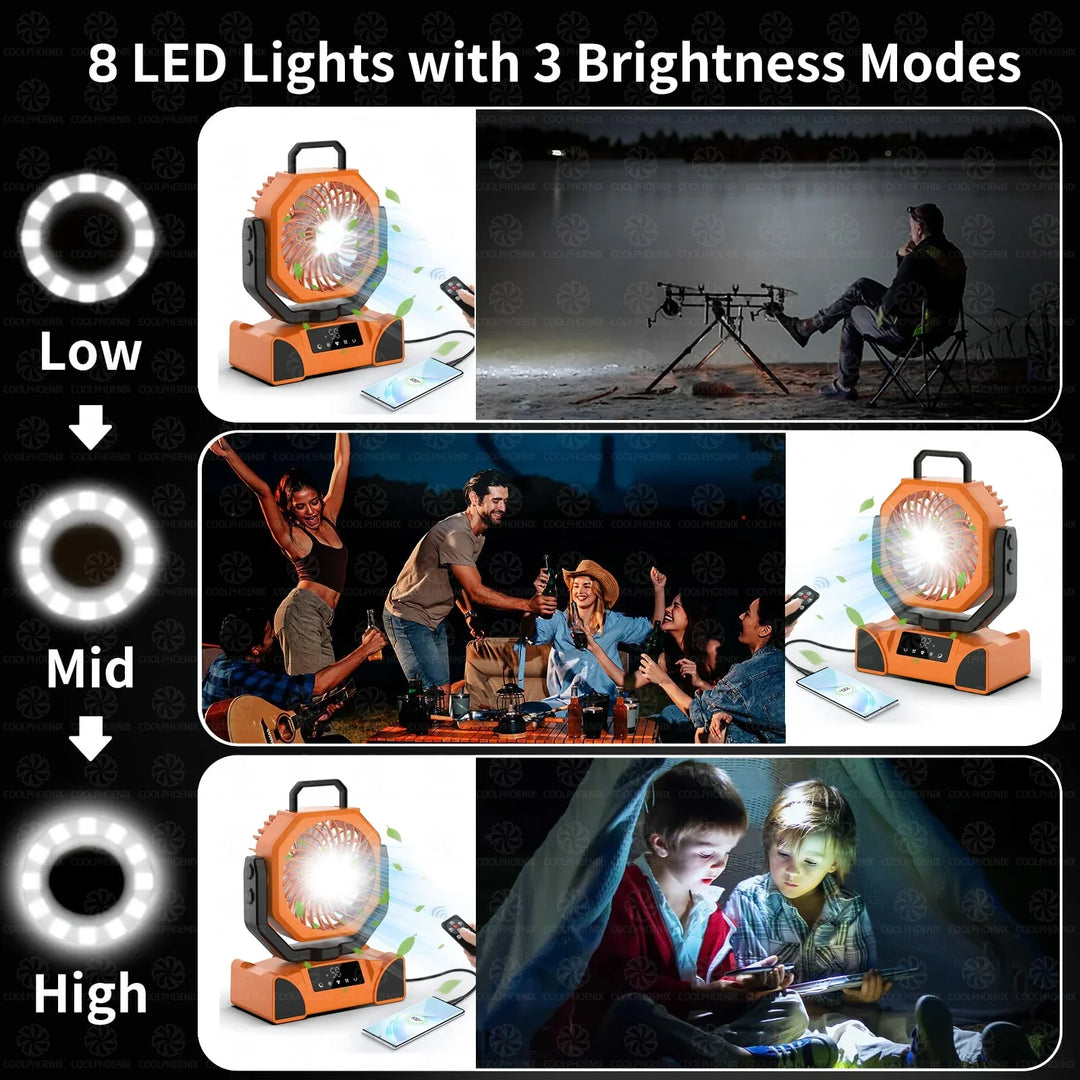 20000mAh Camping Fan Rechargeable Battery Portable Outdoor Fan Wireless Tent Ceiling Fan Air Circulators with Hook and LED Light