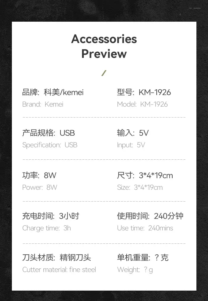 Kemei Transparent Body Electric Hair Clippers Kit KM-1926 KM-1928 Rechargeable Trimmer KM-TX7 Waterproof Men's Shaver Barber