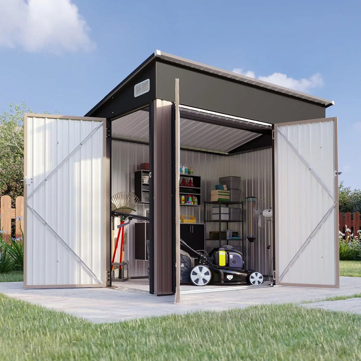 7.5'x5.5' Outdoor Storage Shed with Triple Lockable Doors, Metal Storage Cabinets with Sloping Roof for Tools and Bikes