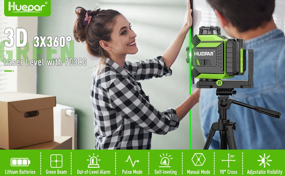 Huepar 703CG 12 Lines 3D Laser Level Self-Leveling Cross Line Green Level Adjust Bright Alignment Laser Tool with Li-ion Battery