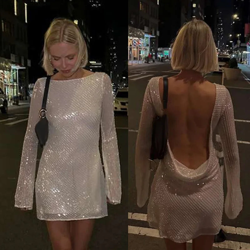 Women's Sparkling Backless Long Sleeved Dress Silver White Sexy Gauze Short Dresses Shiny Lining Elegant Summer Autumn Lady Top