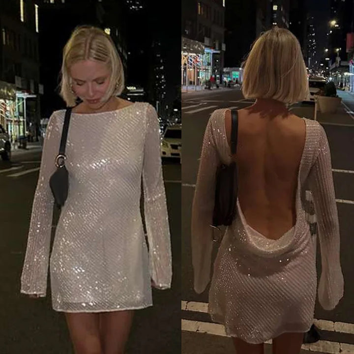 Women's Sparkling Backless Long Sleeved Dress Silver White Sexy Gauze Short Dresses Shiny Lining Elegant Summer Autumn Lady Top