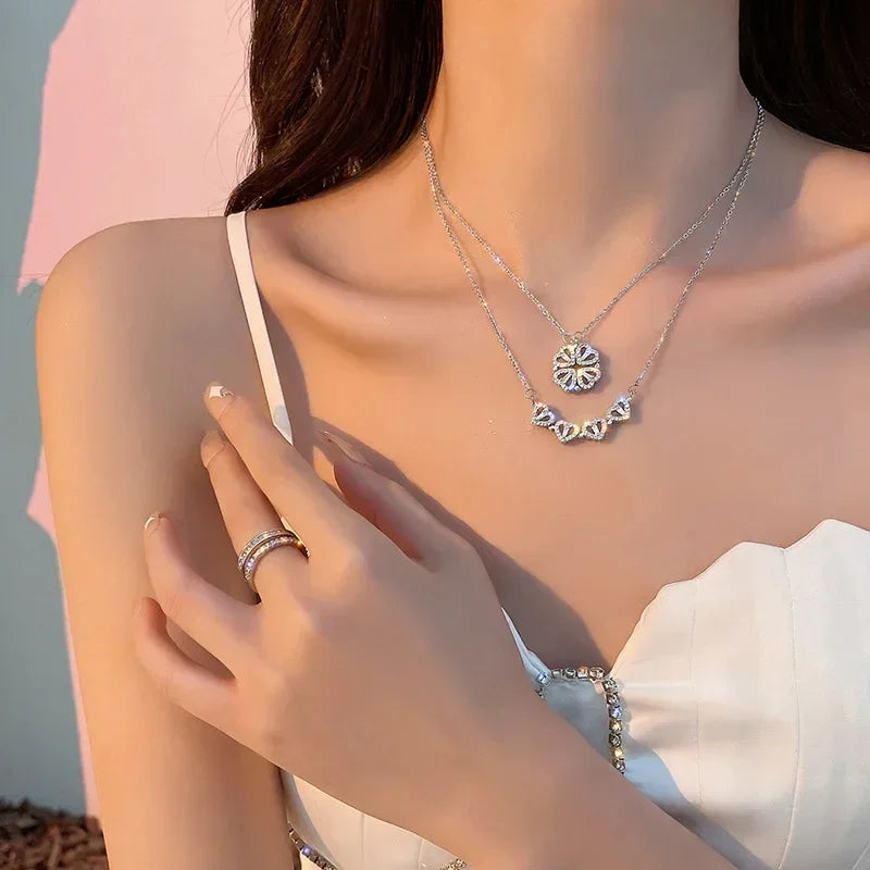 Small and Versatile Light Luxury No Fading Four Leaf Clover Lucky Heartdetachable Pendant Two Fashionable Collarbone Chains