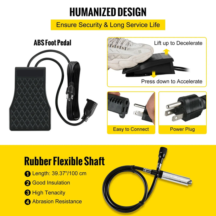 VEVOR Flex Shaft Grinder 380W Rotary Tool 500-23000RPM Rotary Carver with 1/4\" 3-Jaw Chuck for Jewelry Polishing Grinding DIY