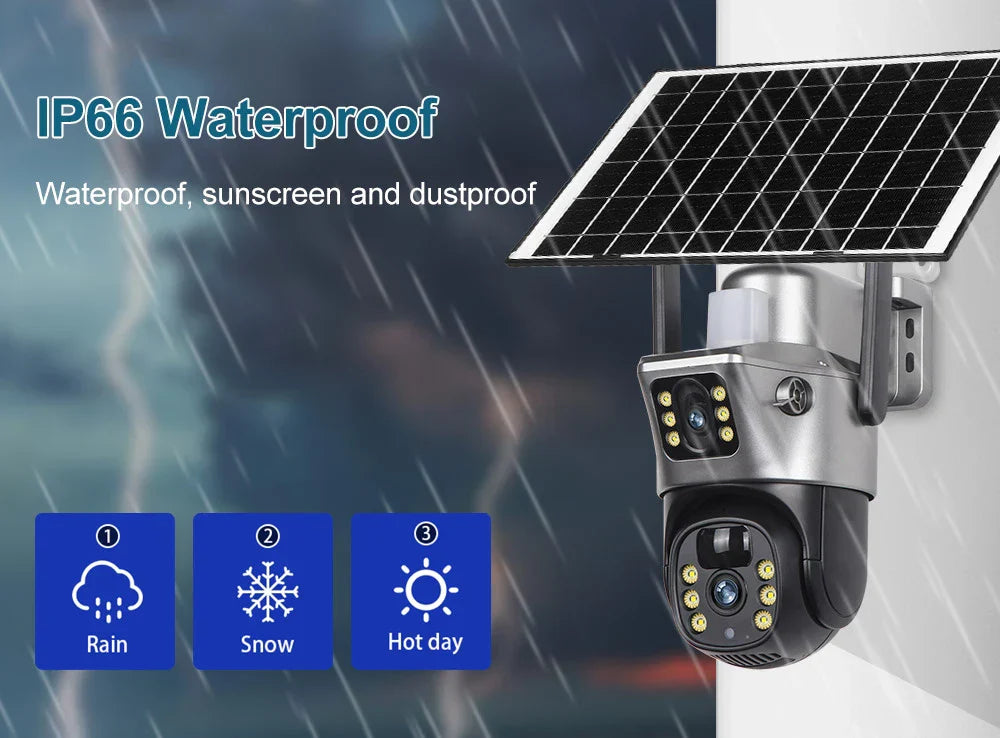4G Sim Card Solar Camera Dual Lens Outdoor 8MP 4K Low Power Battery IP Camera PIR Night Vision V380 Pro CCTV Security Protection