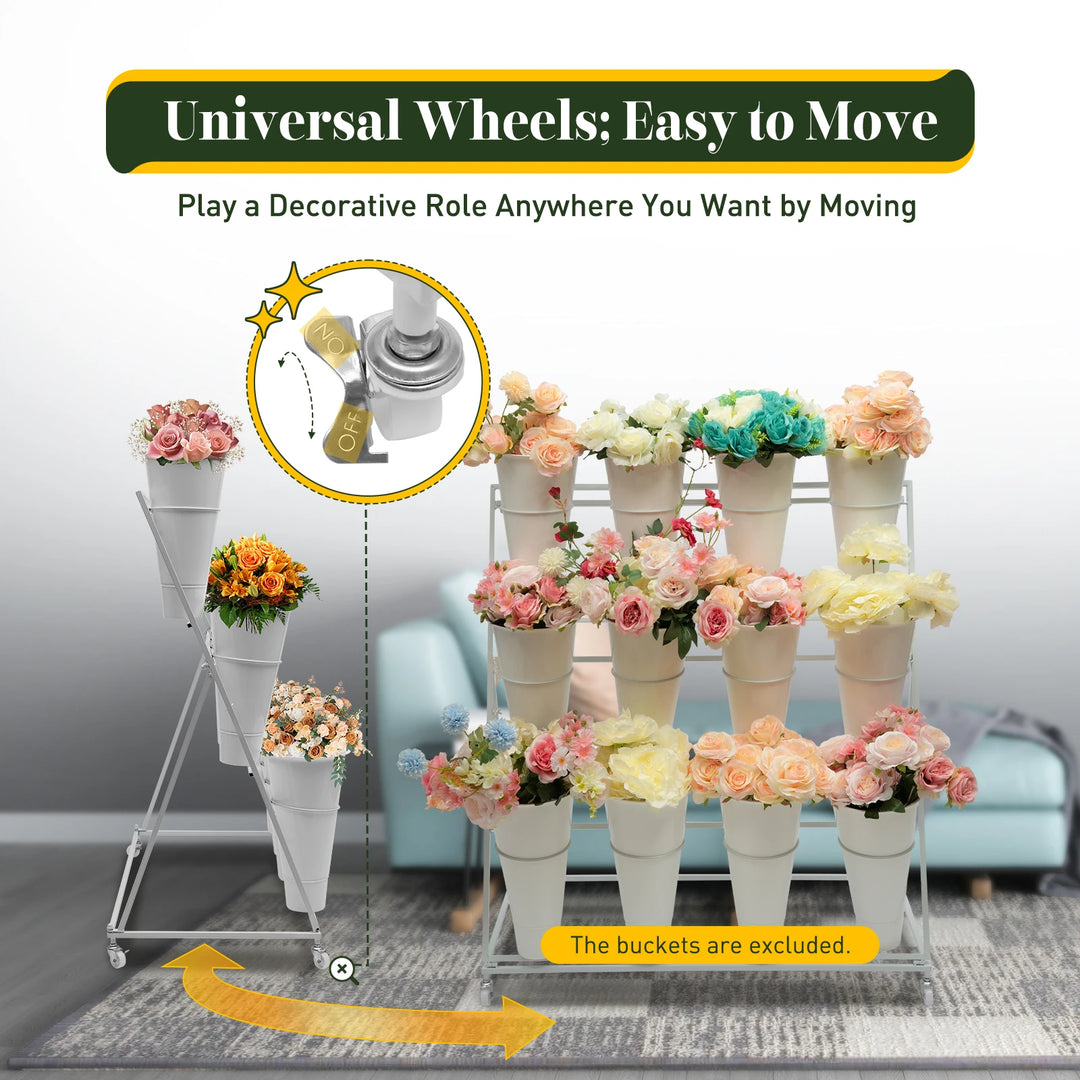 3 Layers Flower Display Stand Movable Modern Metal Plant Shelf with 12Pcs Flower Buckets & Wheels for Home Garden Patio Balcony
