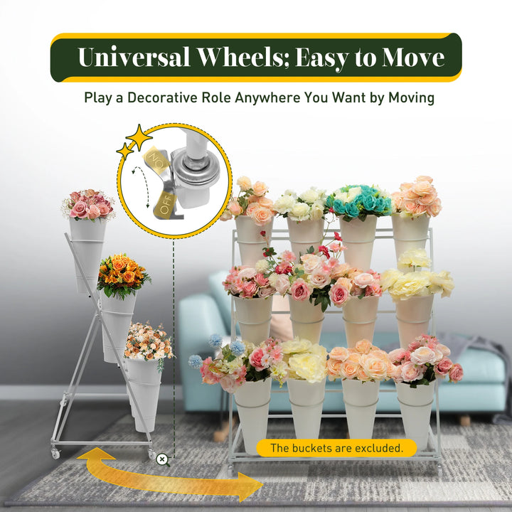 3 Layers Flower Display Stand Movable Modern Metal Plant Shelf with 12Pcs Flower Buckets & Wheels for Home Garden Patio Balcony