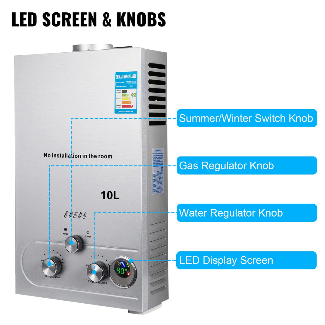 VEVOR Gas Water Heater LPG Hot Water Heater Stainless Steel Tankless  Propane Gas LPG Boiler Home Appliance 6L-18L