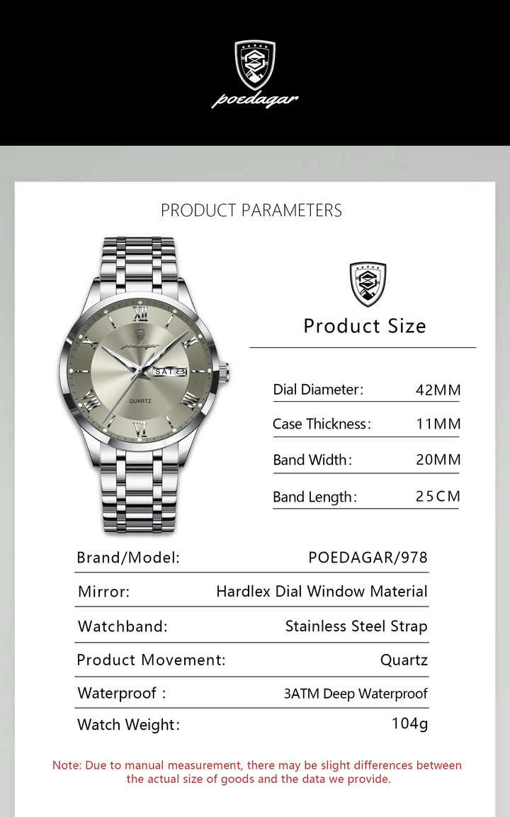 POEDAGAR Business Fashion Man Watch Waterproof Luminous Date Week Male Wristwatch Stainless Steel Quartz Men Watches Reloj +Box