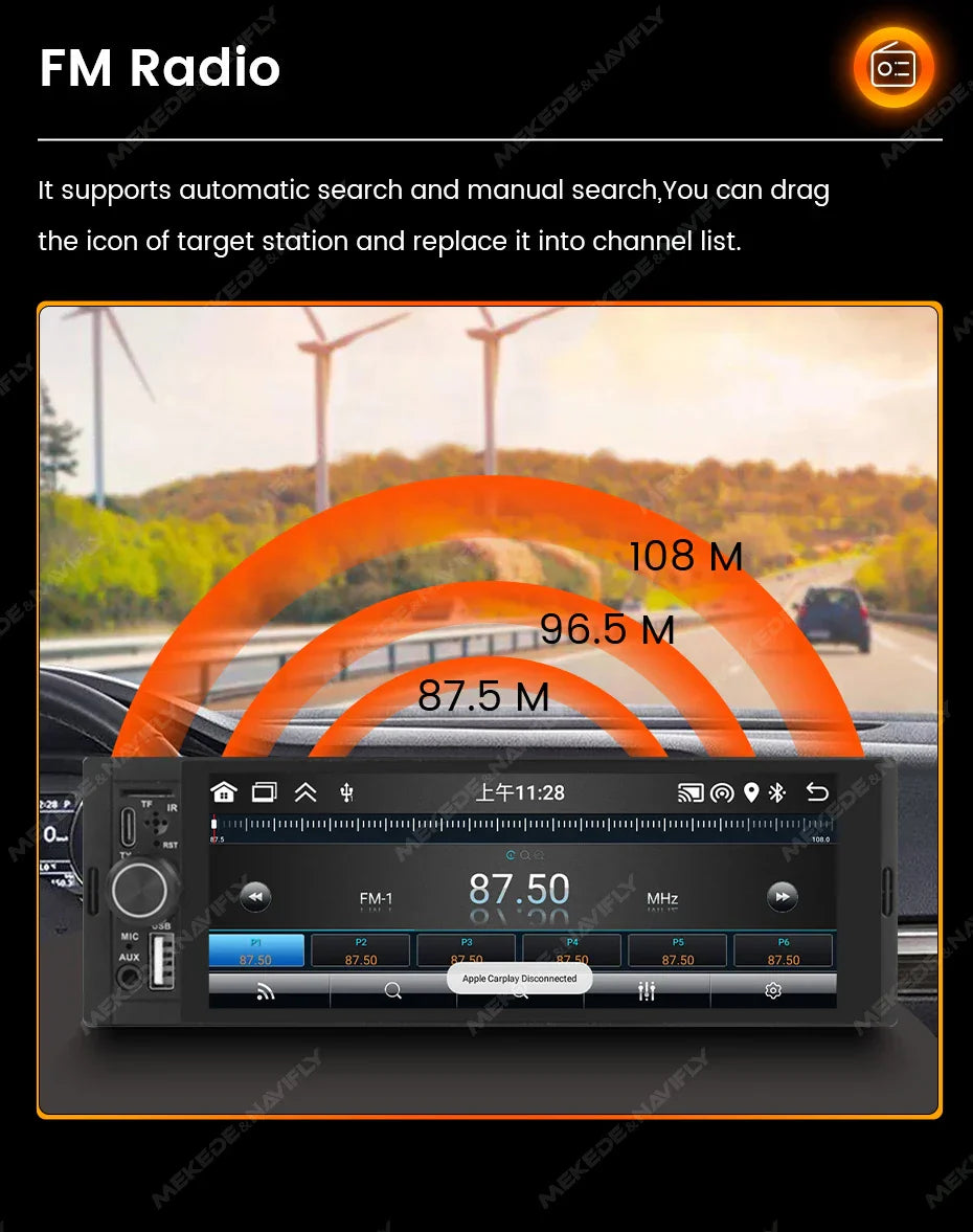 Navifly 2G+32G Universal 1 Din Android 6.86 Inch HD Touch Screen Wireless CarPlay Auto Car Radio Multimedia Video Player GPS FM