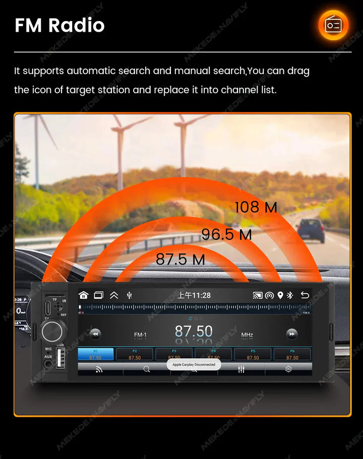 Navifly 2G+32G Universal 1 Din Android 6.86 Inch HD Touch Screen Wireless CarPlay Auto Car Radio Multimedia Video Player GPS FM