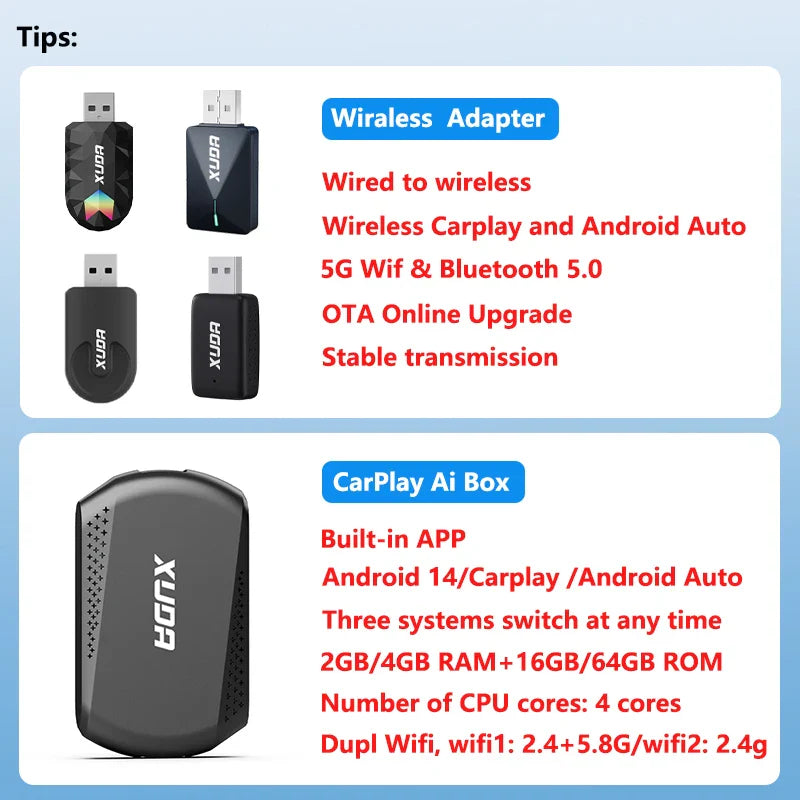 XUDA 2in1 Wireless CarPlay AI Mini Box Android Auto Box Plug&Play Automatic Connection Compatible with 99% of Cars For Car Radio