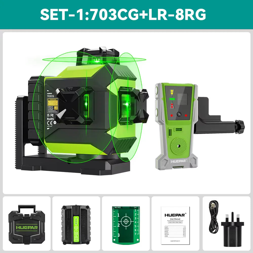 Huepar 703CG 12 Lines 3D Laser Level Self-Leveling Cross Line Green Level Adjust Bright Alignment Laser Tool with Li-ion Battery