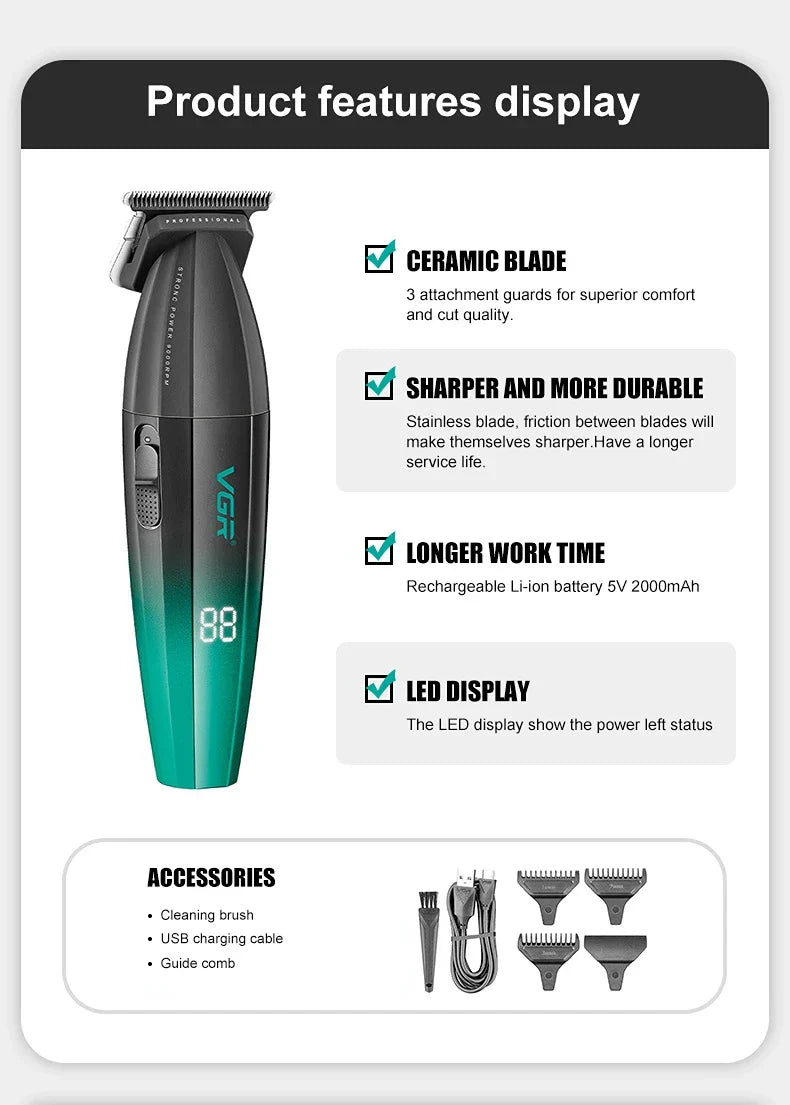 VGR Hair Clipper Professional Hair Trimmer 9000 RPM Barber Hair Cutting Machine Digital Display Haircut Clipper for Men V-003
