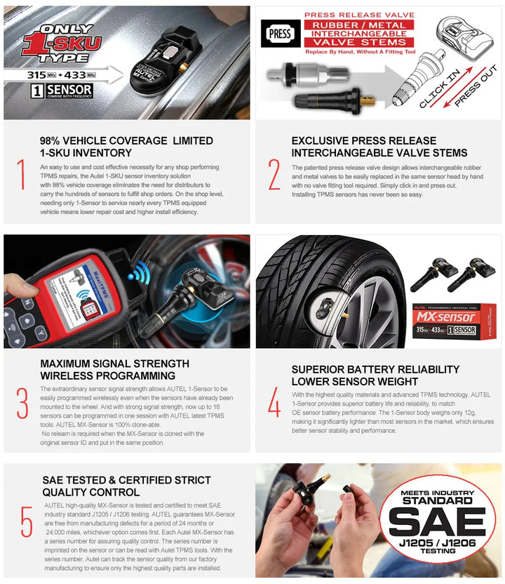 Autel TPMS Sensor MX-Sensor 2in1 315MHz + 433MHz Tire Replacement Sensor OE-Level Programmable & Cloneable TPMS Pressure Sensor