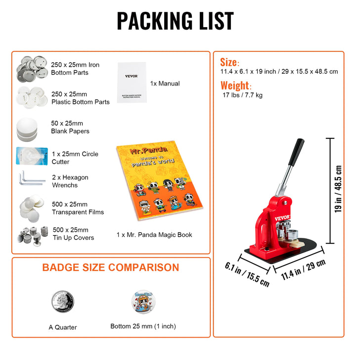 VEVOR 25/32/58/75MM Badge Maker Machine DIY Button Pin with 500Pcs Free Parts Press Kit Circle Manufacture Button Making Tool