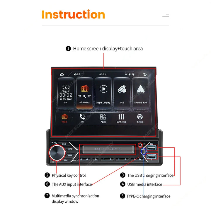 Universal 7" 1din Retractable Screen Car Radio Android Auto Carplay Multimedia Video Player Intelligent Vehicle System BT FM USB