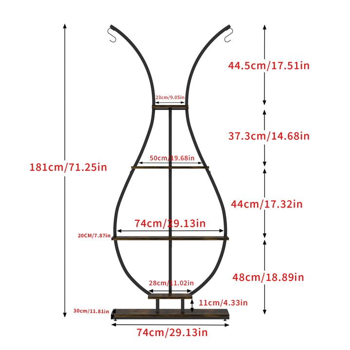 Vase Shape Tall Planter Display Rack Metal Garden Plant Stand with 5 Tiers and Hangers