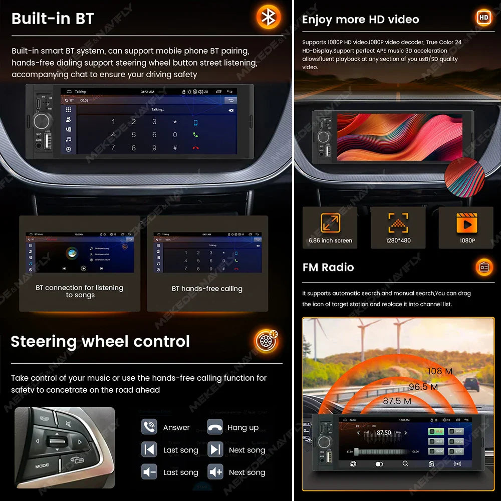 NaviFly 6.86'' 1Din Car Radio Multimedia Player MP5 FM Radio Wireless/Wired Carplay Android Auto Car Stereo 1 din 1280*480