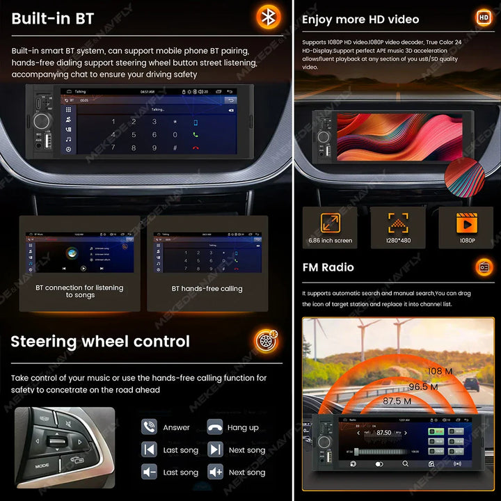 NaviFly 6.86'' 1Din Car Radio Multimedia Player MP5 FM Radio Wireless/Wired Carplay Android Auto Car Stereo 1 din 1280*480