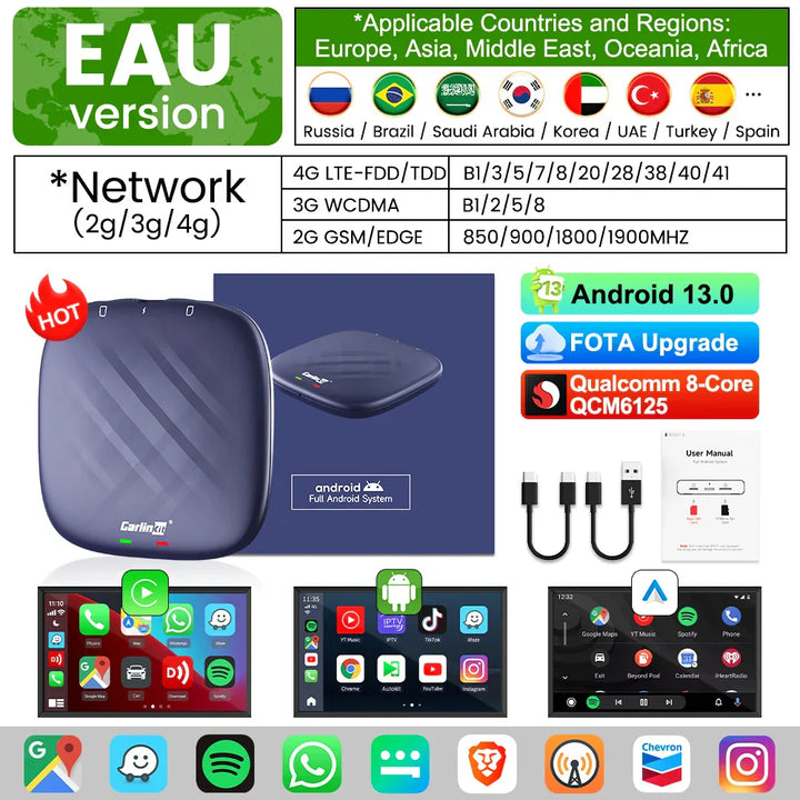 2025  CarlinKit CarPlay AI Box Android 13.0 SM6225 QCM6125 Android Auto Wireless CarPlay Adapter 2.4+5GGPS 64G 128G FOTA Upgrade