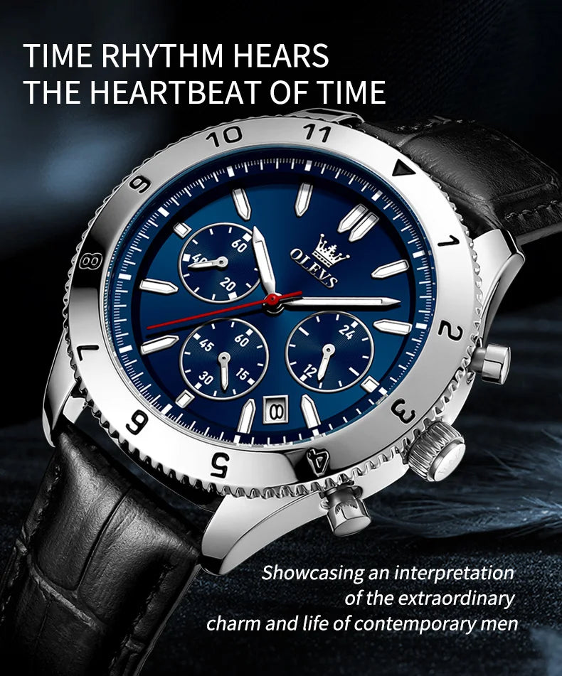 OLEVS Original Quartz Watch for Men Leather Strap Chronograph Calendar Waterproof Luminous Men's Wristwatches Relógio Masculino