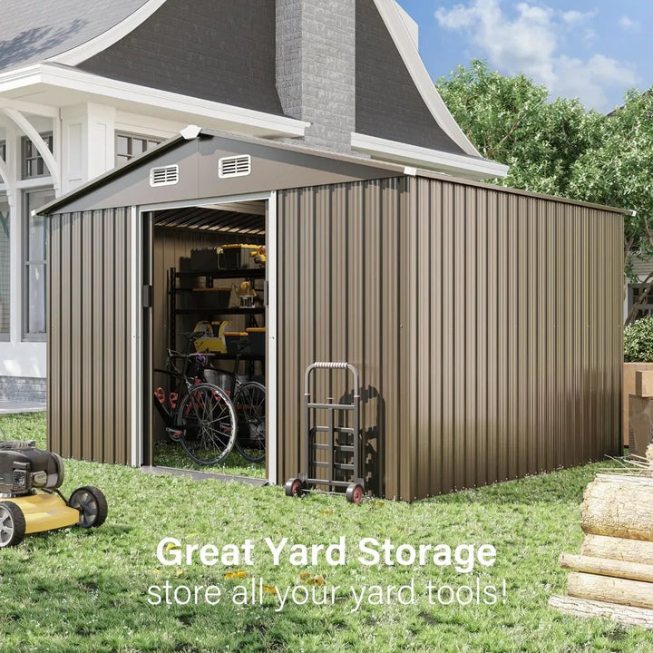 10 x 8 FT Outdoor Storage Shed, Waterproof, Lockable Door Metal Tool Sheds w/Sliding Door and Air Vents, Metal Storage Shed