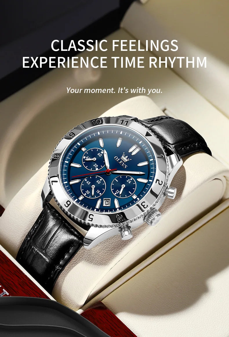OLEVS Original Quartz Watch for Men Leather Strap Chronograph Calendar Waterproof Luminous Men's Wristwatches Relógio Masculino