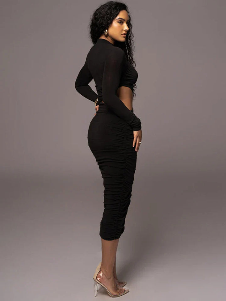 Ahagaga Fashion Sexy Club Hollow Out Dresses Women Regular Casual Solid O-neck Long Sleeve Slim Bodycon Elegant Vestidos Robes