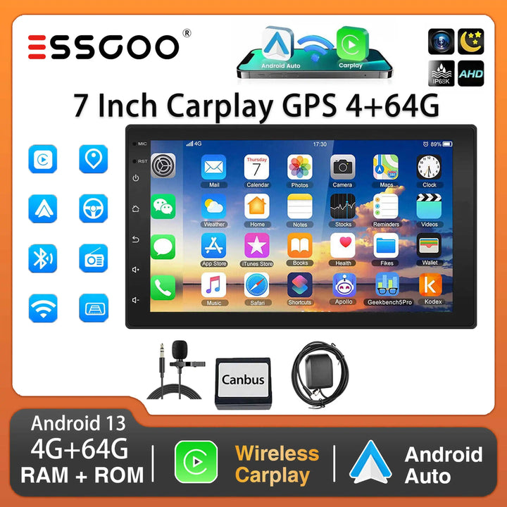 ESSGOO Car Stereo Radio Wireless CarPlay Android Auto 2 DIN 7" Car Stereo HD FM-Radio GPS Touch Screen Head Unit 4+64G DAB+AHD