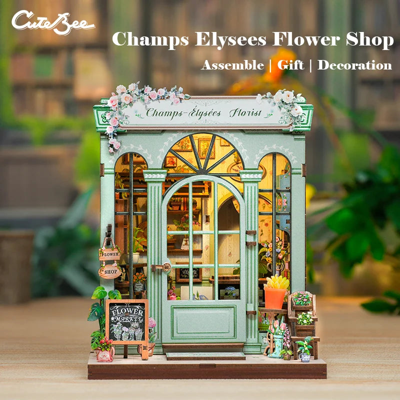 CUTEBEE Bookstore Book Nook with Light DIY Miniature Wooden Dollhouse for Decor Gift Bookshelf Insert Kit 3D Puzzle