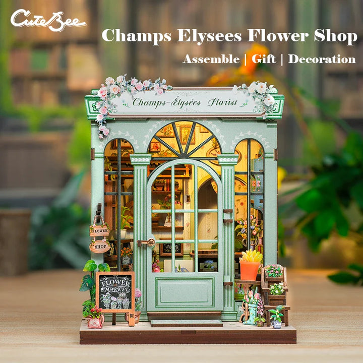CUTEBEE Bookstore Book Nook with Light DIY Miniature Wooden Dollhouse for Decor Gift Bookshelf Insert Kit 3D Puzzle