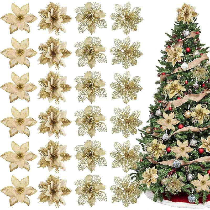 Glitter Artificial Christmas Flowers Set