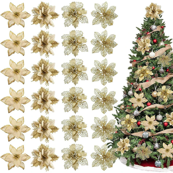 Glitter Artificial Christmas Flowers Set