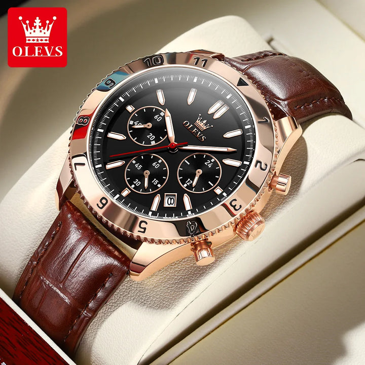 OLEVS Original Quartz Watch for Men Leather Strap Chronograph Calendar Waterproof Luminous Men's Wristwatches Relógio Masculino