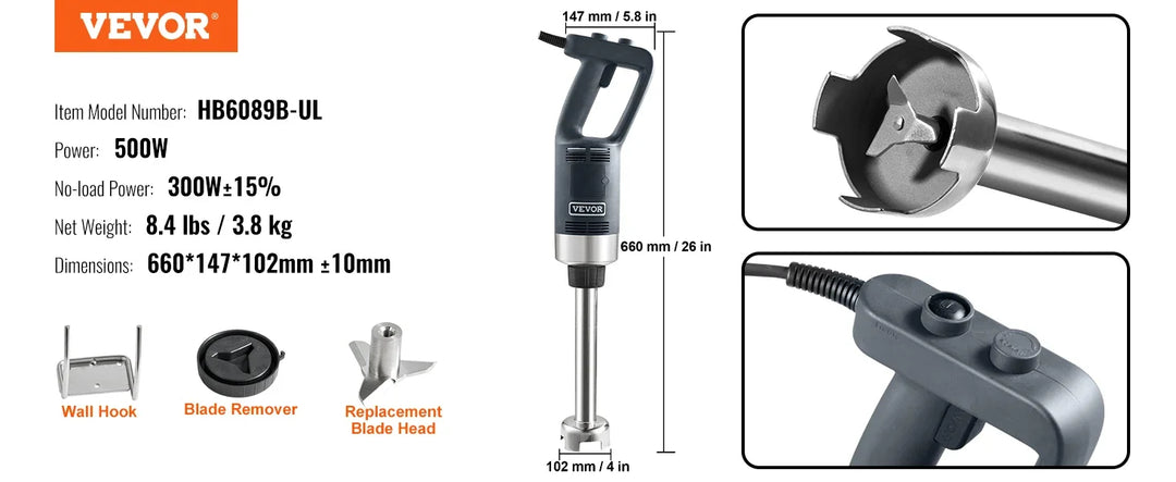 VEVOR Commercial Immersion Blender 500W 12/20inch Heavy Duty Hand Mixer Kitchen Stick Mixer for Soup Smoothie Puree Baby Food