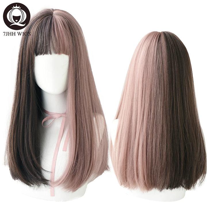 7JHHWIGS Long Wavy Synthetic Black Wigs For Women With Fringe Fashion Heat Resistant Mid-Length Daily Straight Light Brown Hair