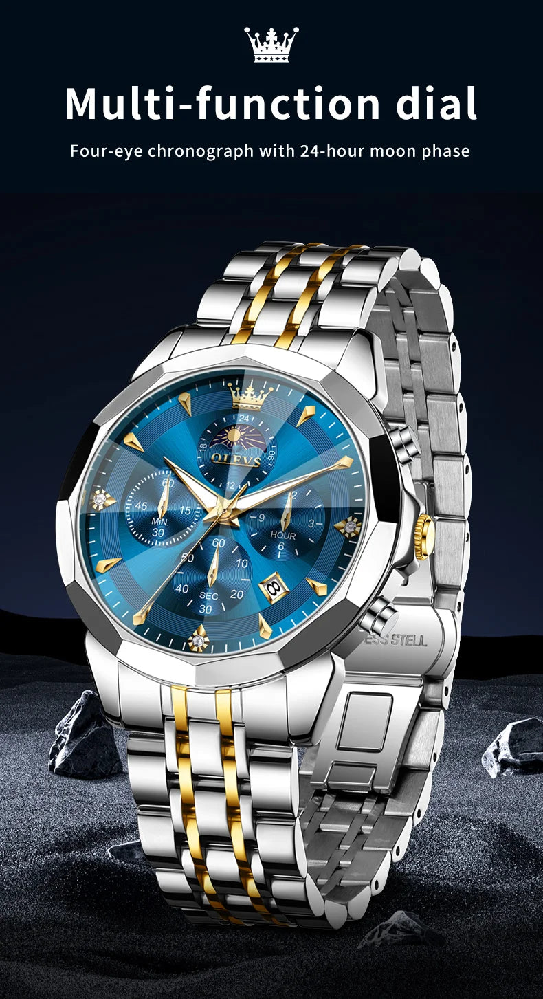 OLEVS 3673 Mens Watch Original Business Brand Quartz Watch Rhombus Mirror Waterproof Luminous Automatic Date Moon Phase Watch