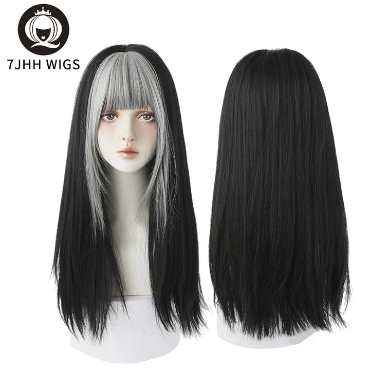 7JHHWIGS Long Wavy Synthetic Black Wigs For Women With Fringe Fashion Heat Resistant Mid-Length Daily Straight Light Brown Hair