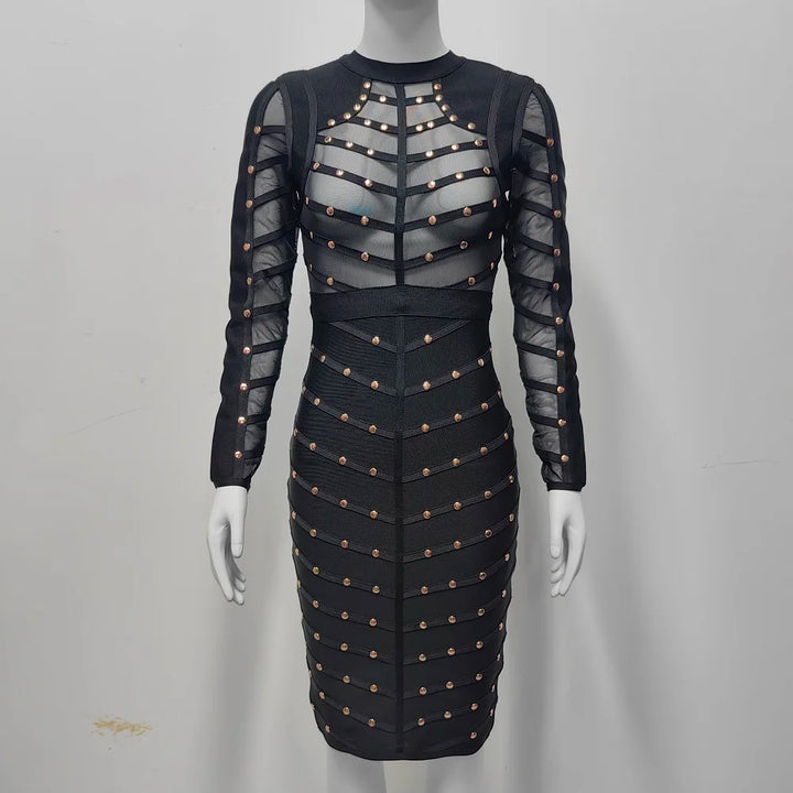 BEAUKEY Sexy Black Khaki Rivet Bandage Dress 2022 For Women Mesh See Through Nail Beaded Long SLeeve Bodycon Party Vestidos XL