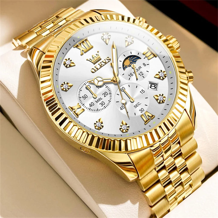 OLEVS Men's Watches Luxury Gold Original Quartz Watch for Man Waterproof Classic Commemorative Strap Moon Phase Chronograpgh