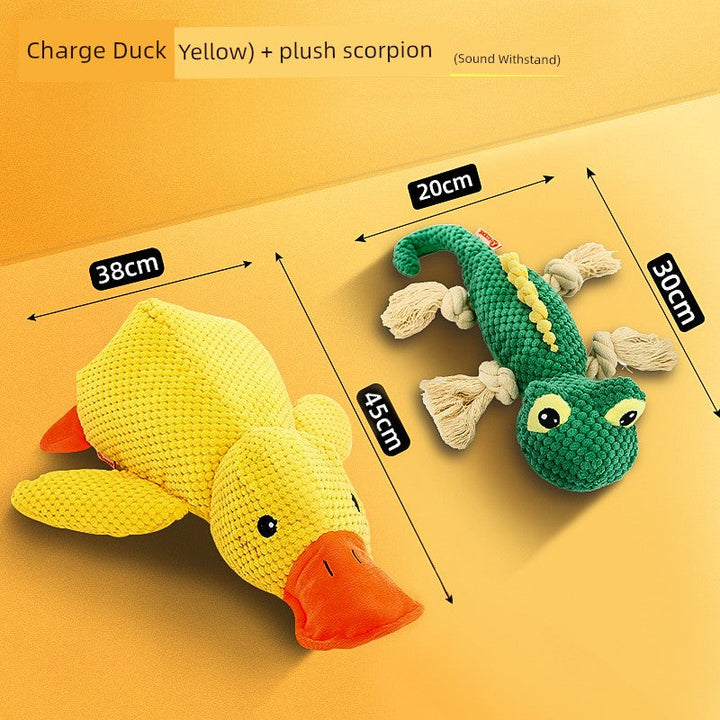 Large Dog Self-Hi Corgi Consumes Small Yellow Duck Dogs