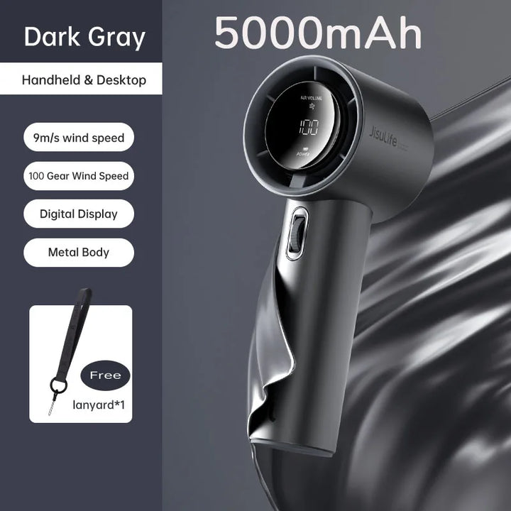JISULIFE Mini Portable Hand Fan, 100 Wind Speeds, 5000mAh USB Battery Rechargeable, LED Digital Display, Travel,Camping,Outdoor
