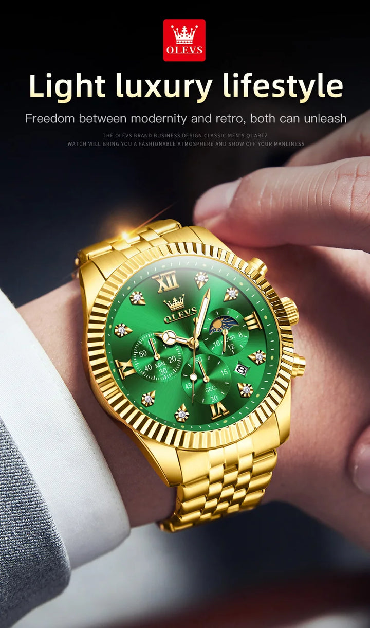 OLEVS New Original Quartz Men's Watches Moon Phase Waterproof Calendar Stainless steel Watch for Men Luminous Luxury Brand Watch