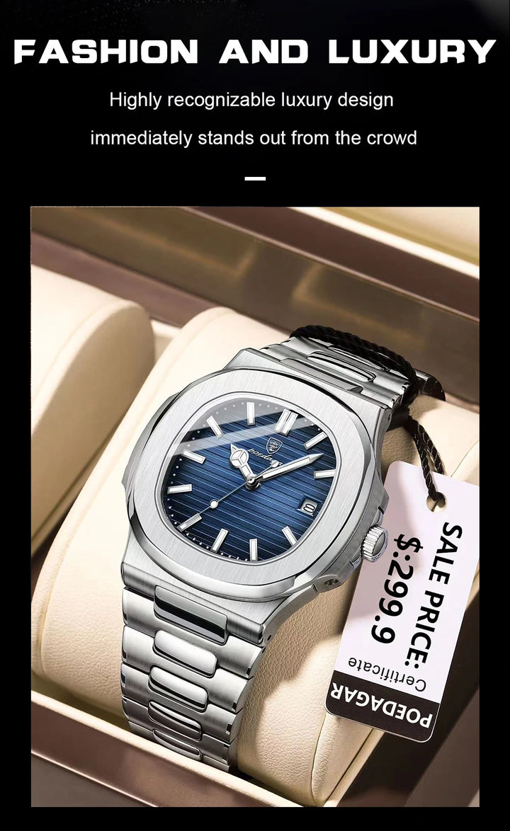POEDAGAR Luxury Casual Watch Top Brand Fashion Square Dial Stainless Steel Calendar Luminous Waterproof Men Watch Male Clock+Box