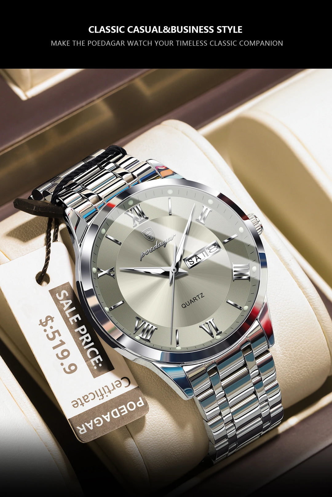 POEDAGAR Business Fashion Man Watch Waterproof Luminous Date Week Male Wristwatch Stainless Steel Quartz Men Watches Reloj +Box