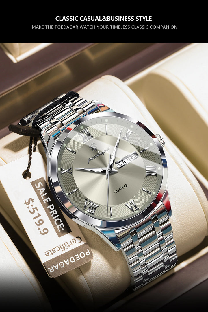 POEDAGAR Business Fashion Man Watch Waterproof Luminous Date Week Male Wristwatch Stainless Steel Quartz Men Watches Reloj +Box