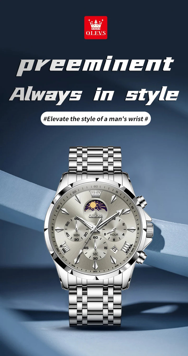 OLEVS Top Moon Phase Fashion Men's Watches Stainless steel Waterproof Quartz Watch for Man Calendar Luminous Daily Wristwatch