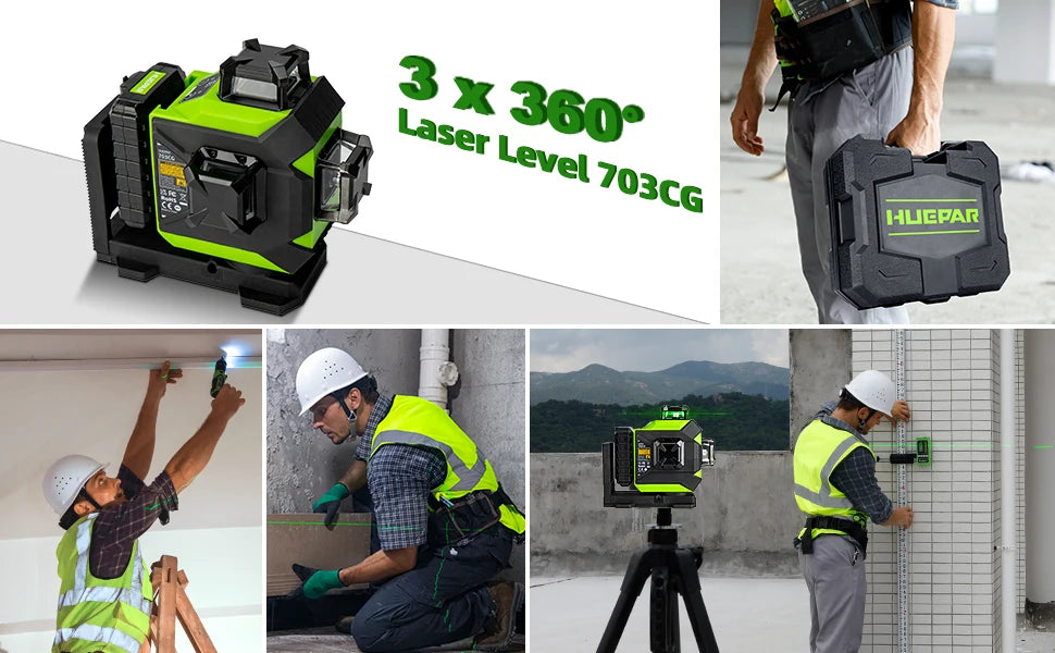 Huepar 703CG 12 Lines 3D Laser Level Self-Leveling Cross Line Green Level Adjust Bright Alignment Laser Tool with Li-ion Battery