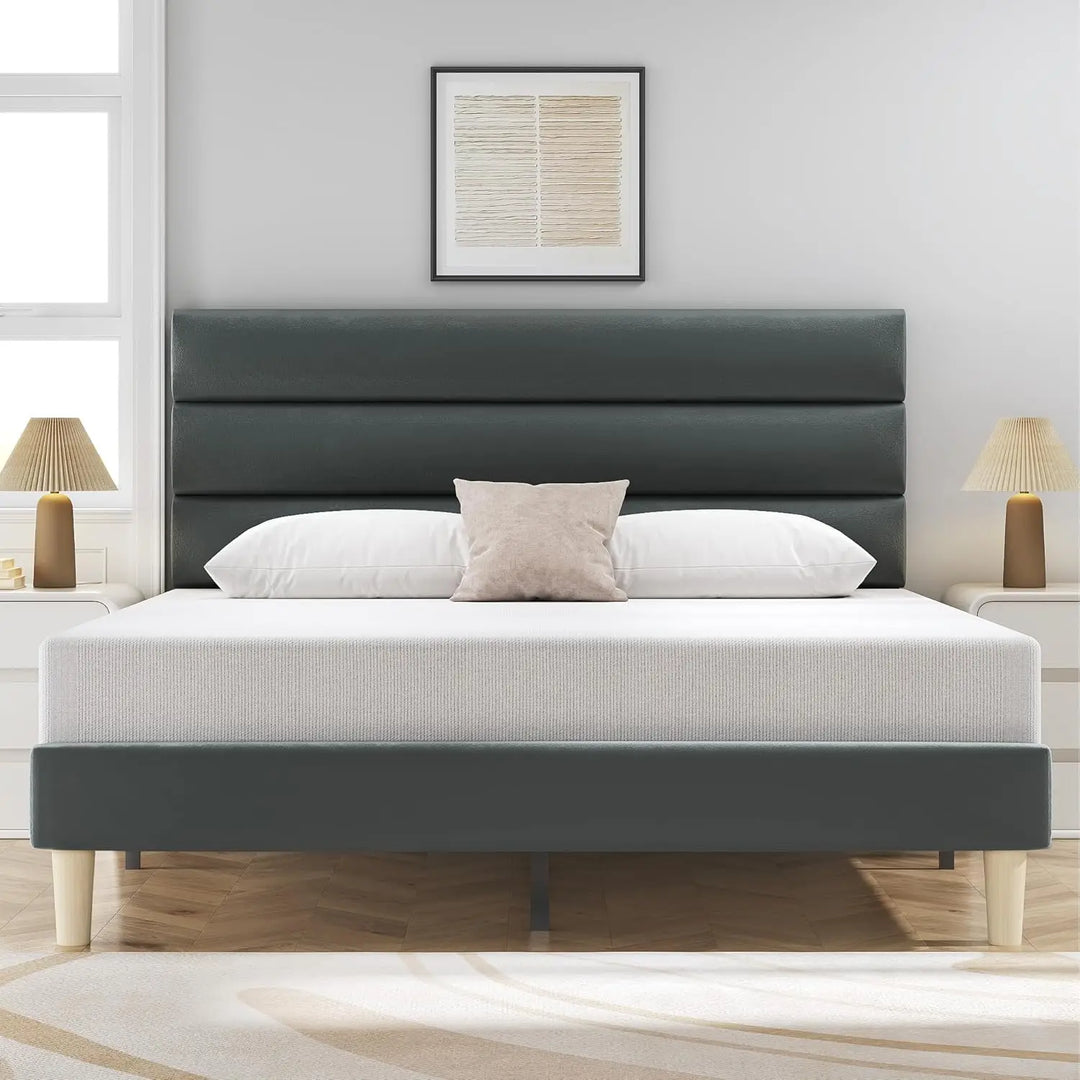 Queen Size Bed Frame, Velvet Padded Headboard, Metal Support, Easy To Assemble, Storage Space, No Spring Box Required